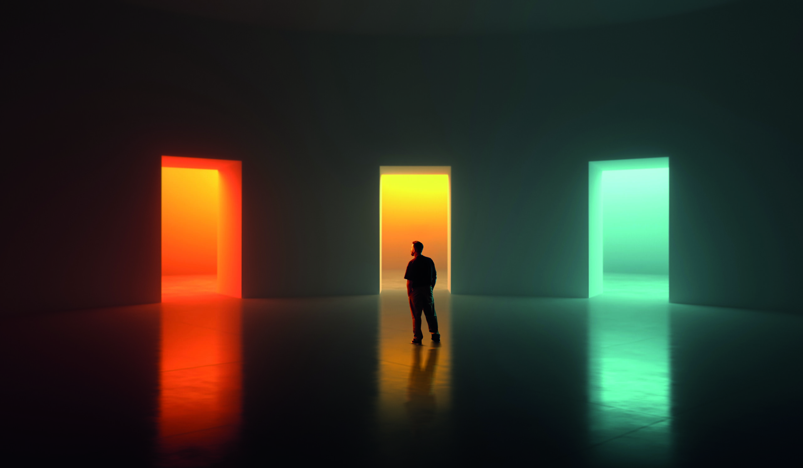 Clean,Composition.,Man,Observing,Three,Bright,Doorways,In,Wide,Minimal